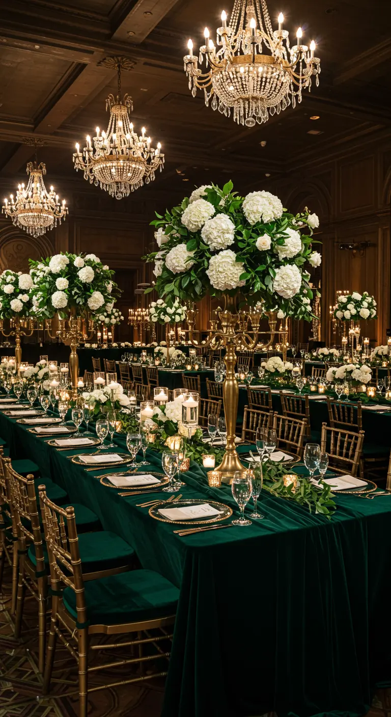 Luxe tafelsetting met smaragdgroen linnen, gouden kandelaren en witte bloemarrangementen.