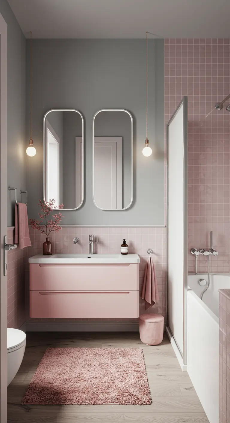 Badkamer met poederroze tegels, grijze muren en een roze wastafelmeubel.