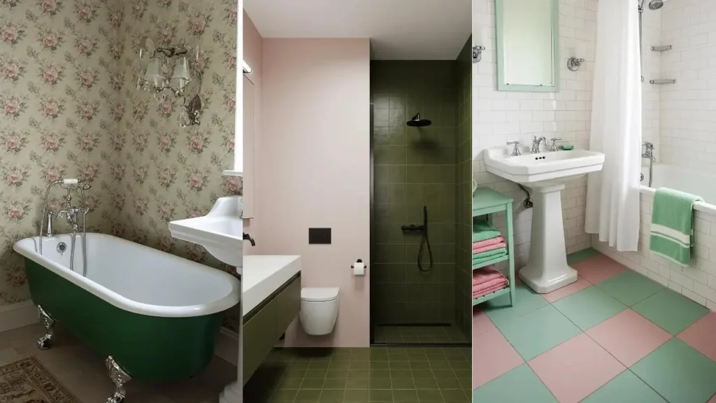 Opvallende badkamers met frisse roze en groene combinaties, van retro tot modern design.