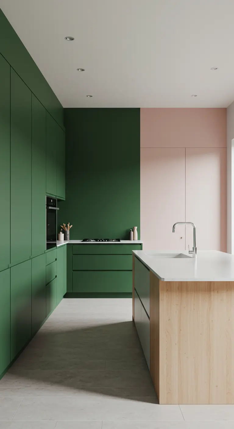 Groene keuken met roze accentmuur en houten kookeiland.