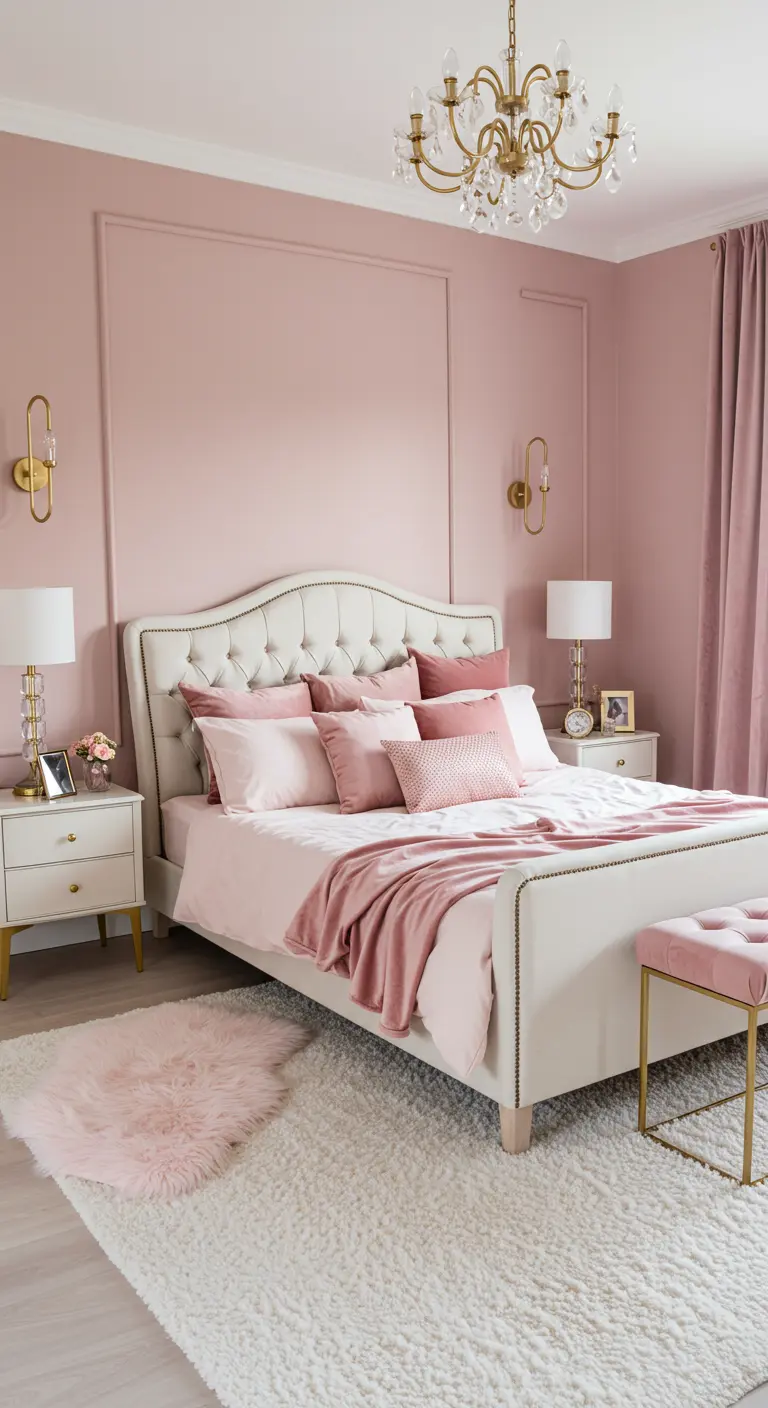 Zachtroze slaapkamer met sierlijsten, gecapitonneerd bed en gouden wandlampen.