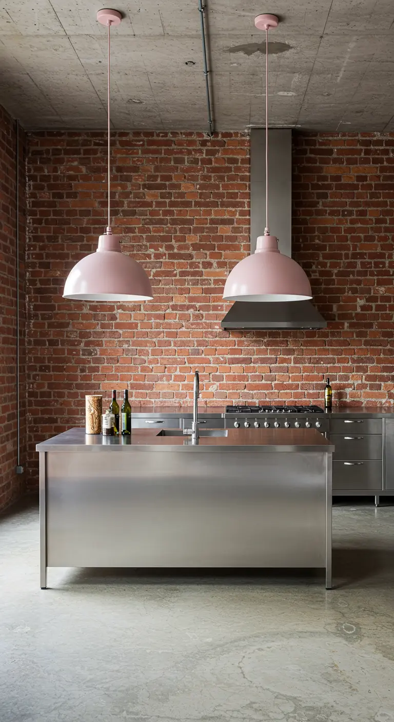 Industriële keuken met bakstenen muur en rvs-eiland, met twee grote roze hanglampen erboven.