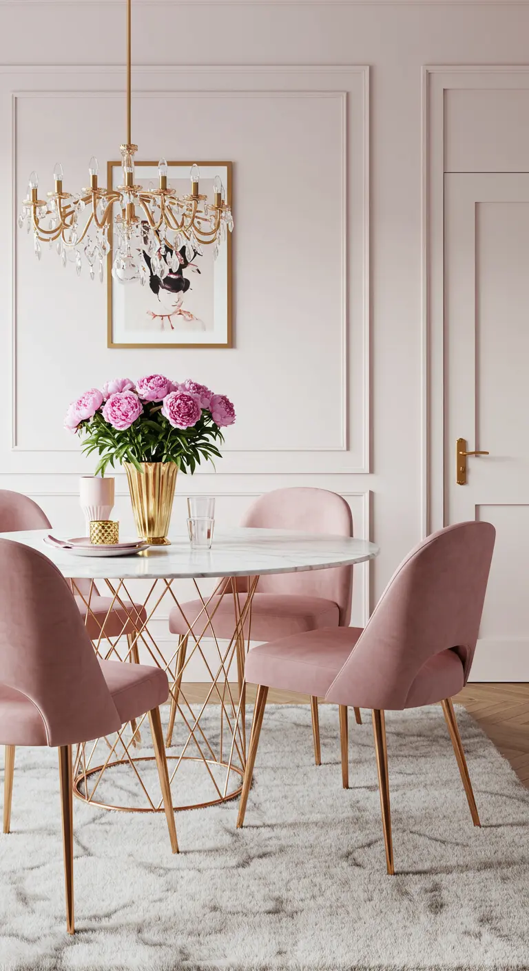 Zachtroze eetkamer met een rond marmeren tafeltje, roze fluwelen stoelen, een gouden kroonluchter en een hoogpolig tapijt.