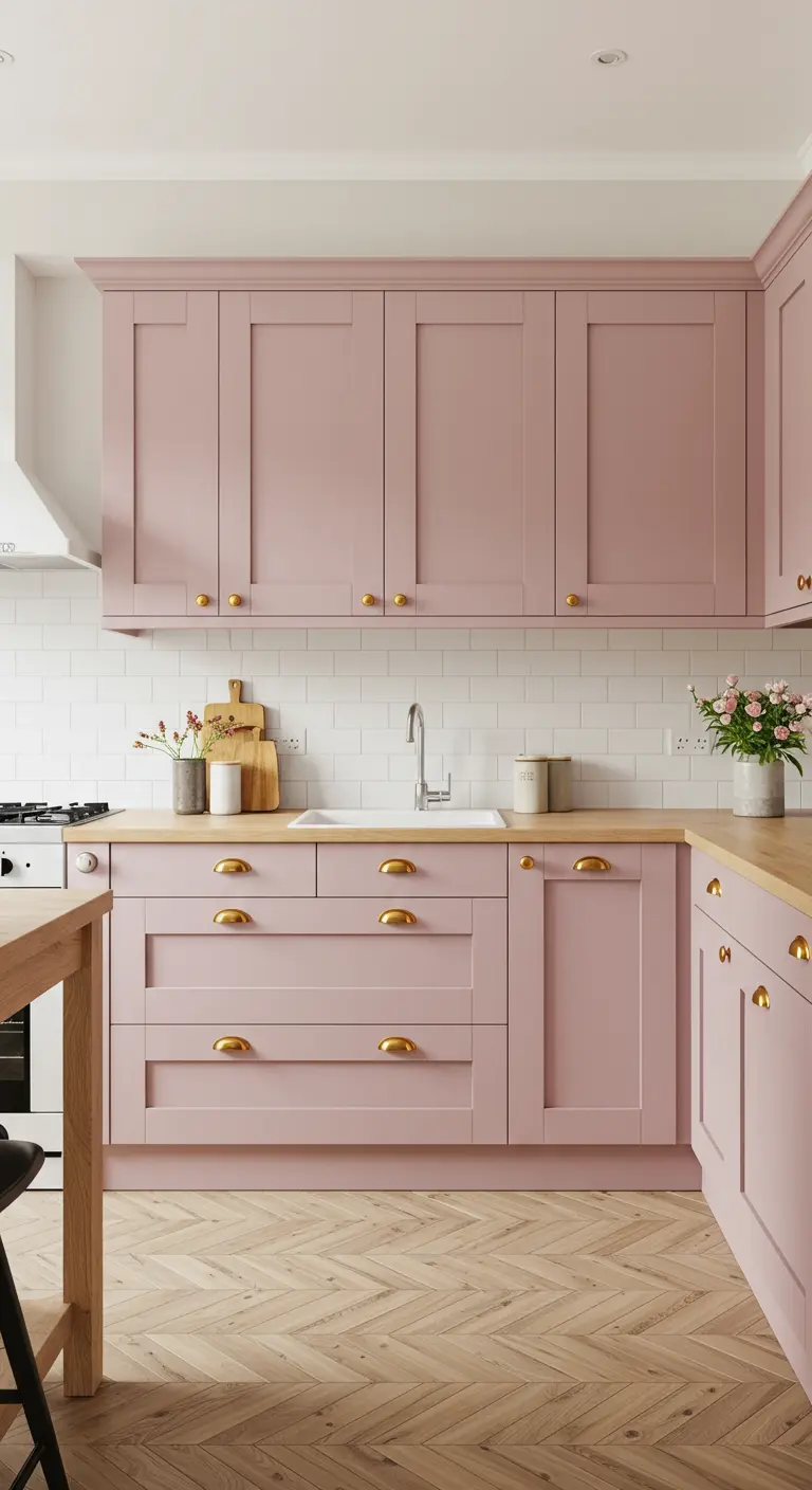 Keuken met poederroze kasten, een licht houten werkblad en gouden, halfronde handgrepen.