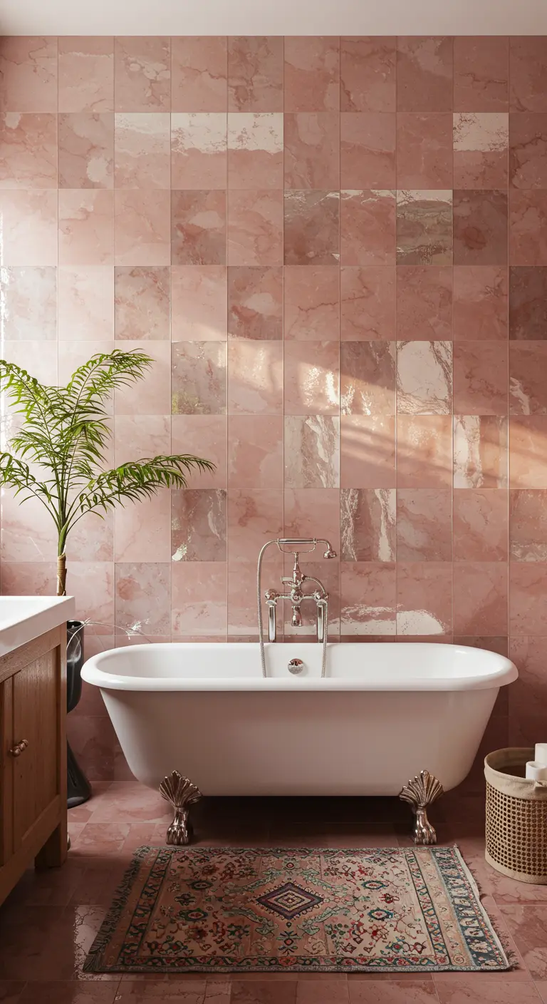 Badkamer met roze marmeren tegels, een vrijstaand bad op pootjes en een kelim.