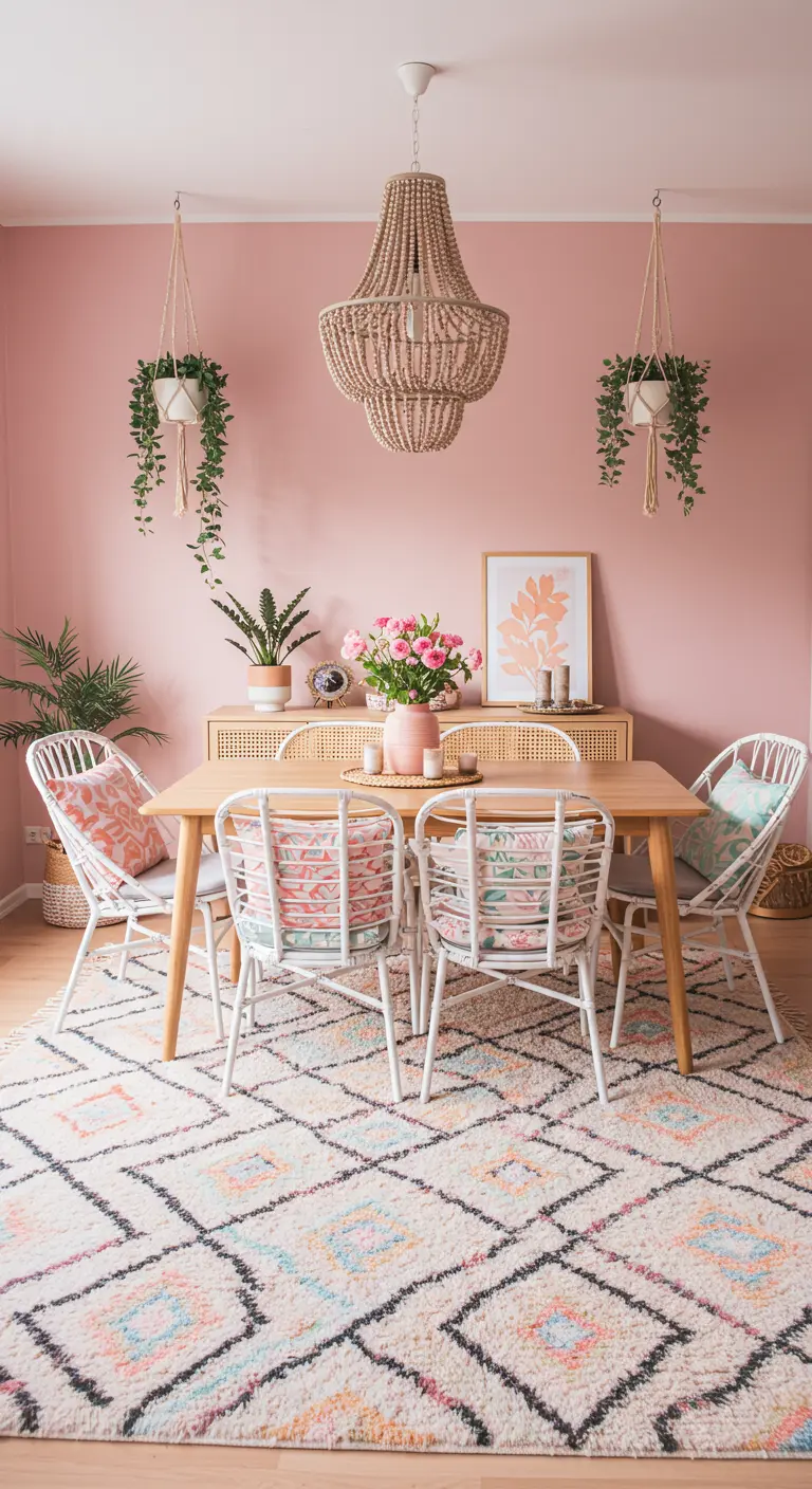 Eetkamer met zachtroze muren, witte stoelen, een houten kralenlamp en een grafisch tapijt.