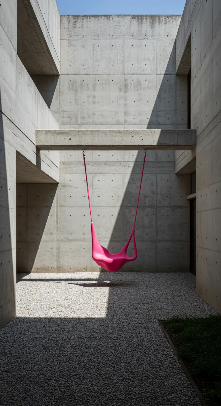 Felroze, sculpturale designschommel in een minimalistische, betonnen binnentuin.