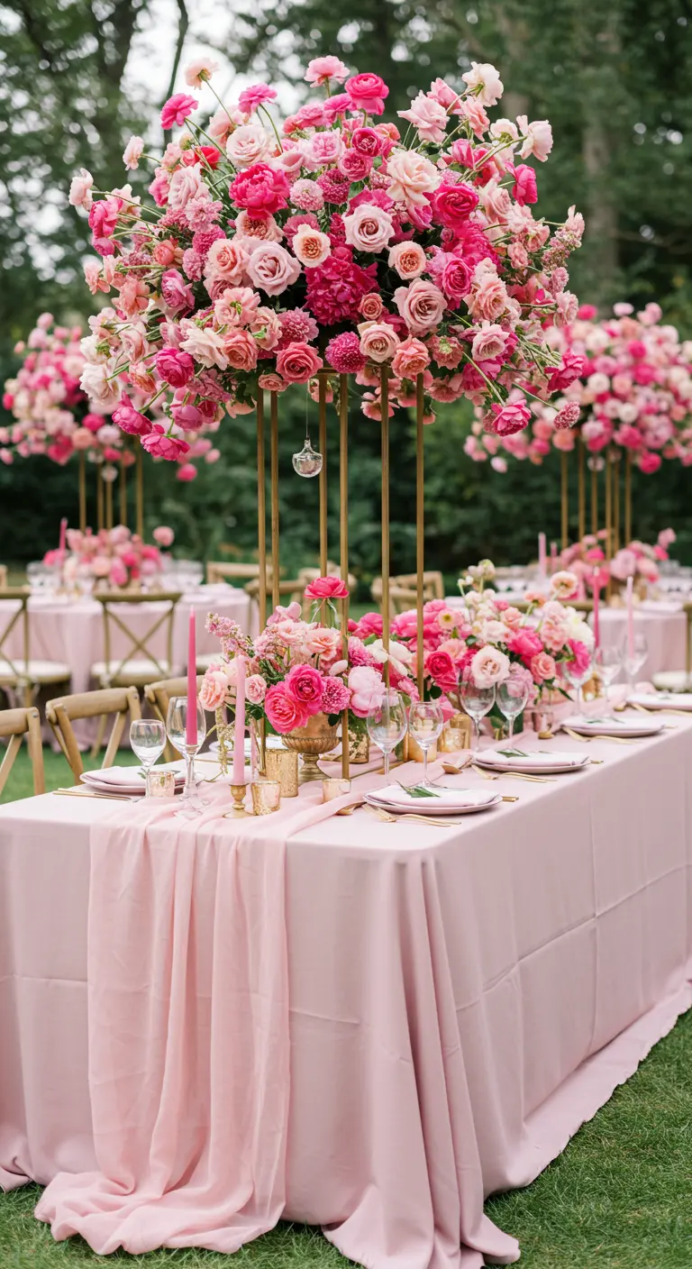 Extravagante tuintafel met een roze tafelkleed en weelderige, hoge bloemstukken in diverse roze tinten.