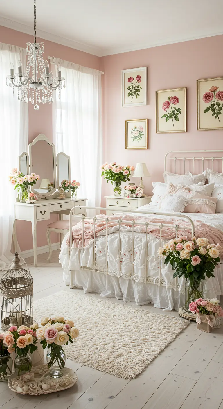 Romantische roze slaapkamer met wit smeedijzeren bed en overvloedige rozen.