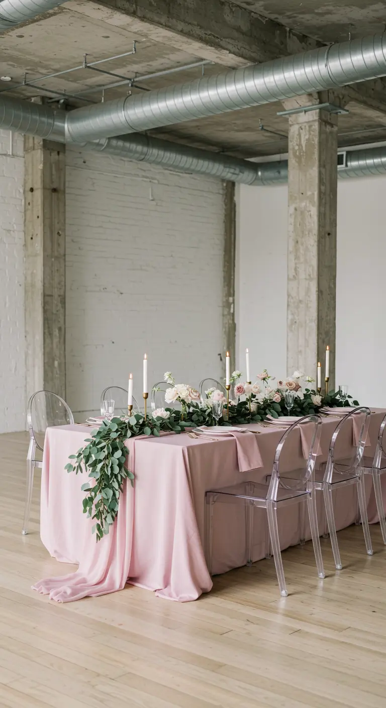 Lange eettafel met een roze tafelkleed en transparante stoelen in een loft met betonnen pilaren.