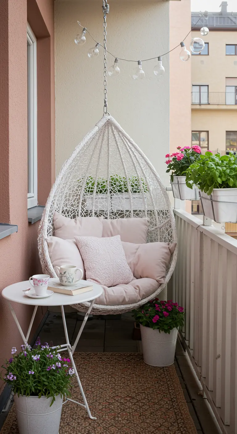 Witte rieten hangstoel met roze kussens op een balkon met lichtslinger en kleine tafel.