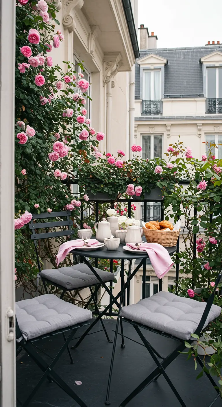 Zwart bistrosetje omringd door weelderige roze klimrozen op een Parijs balkon.