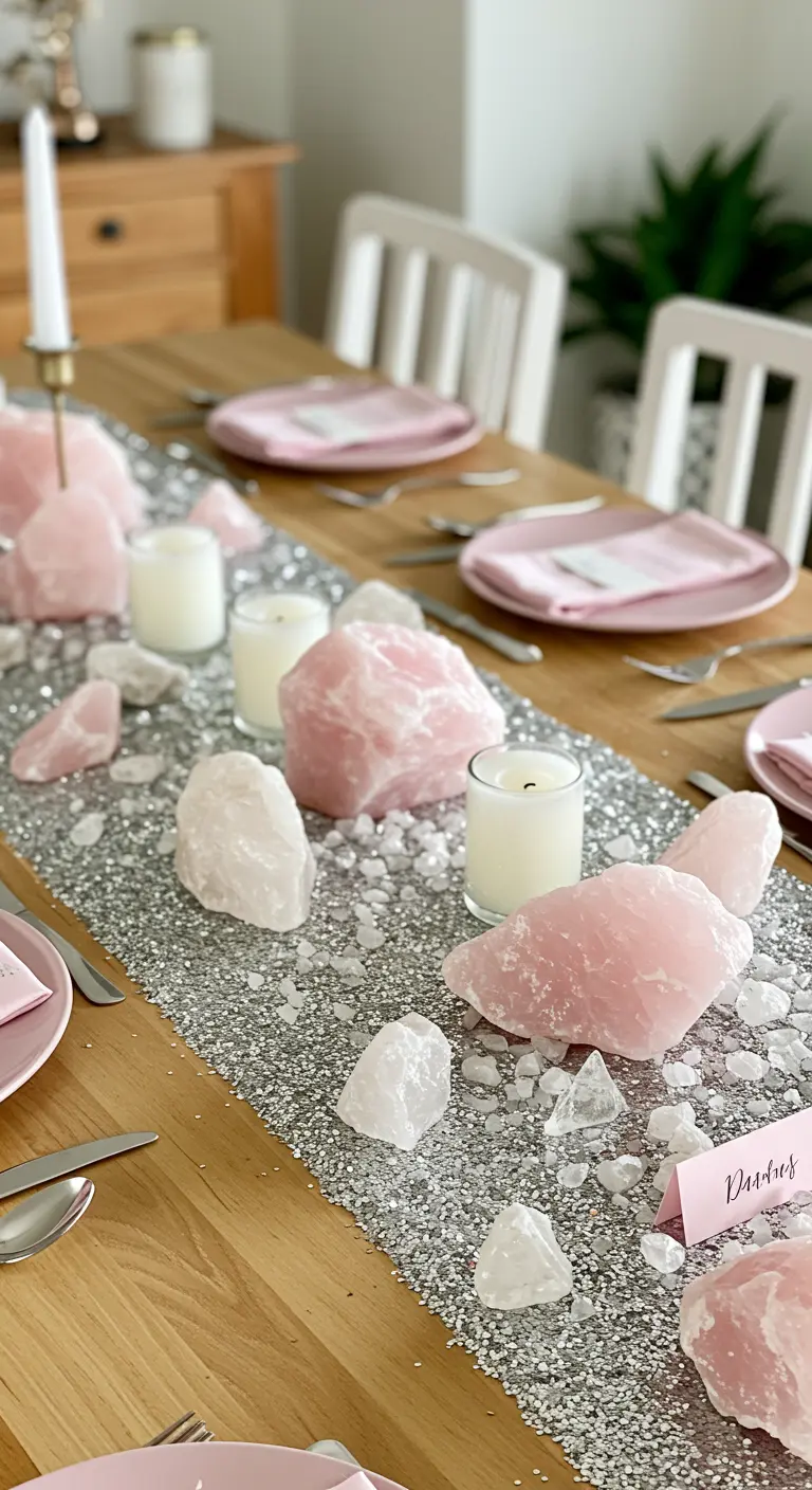 Houten tafel met een zilveren glitterloper en grote stukken rozenkwarts.