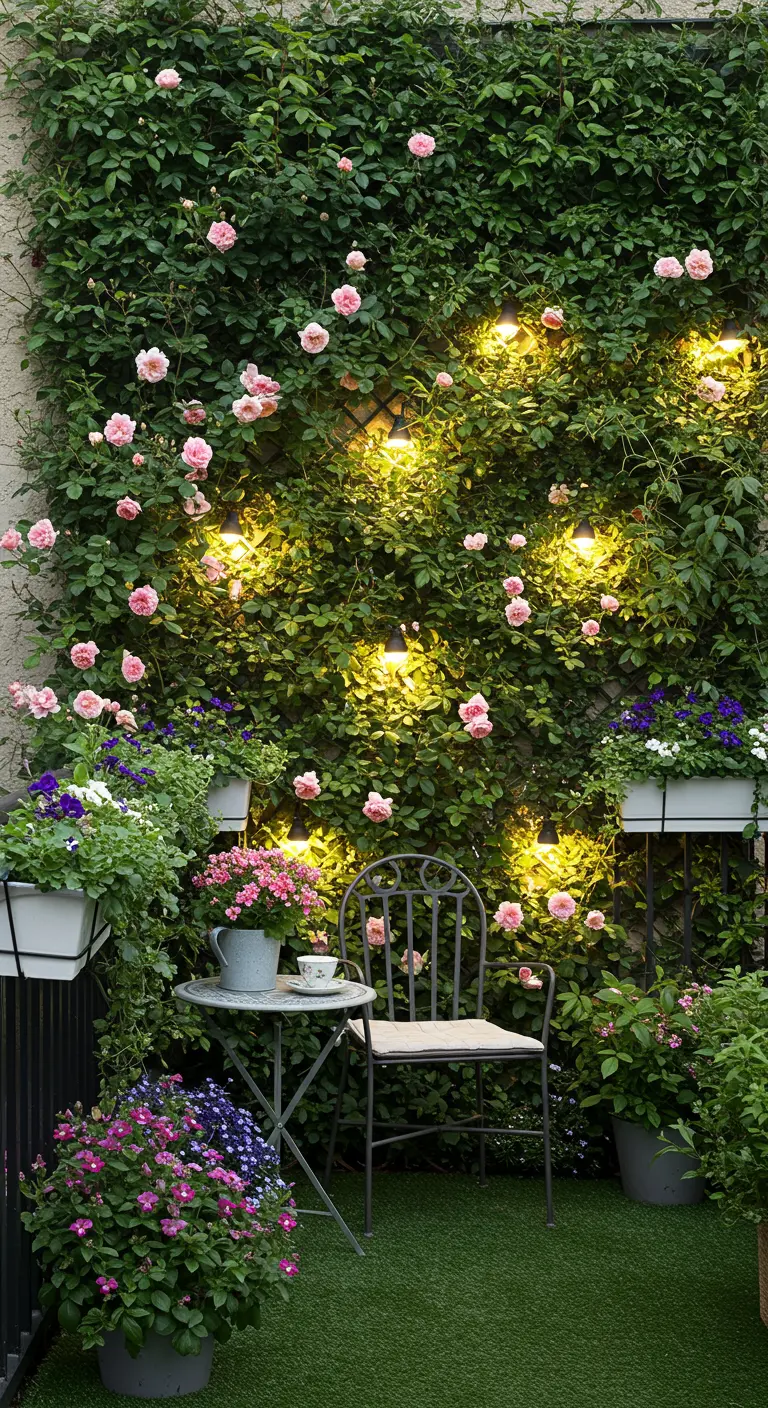 Balkon met rozenmuur, ingebouwde verlichting, bistroset en kunstgras.