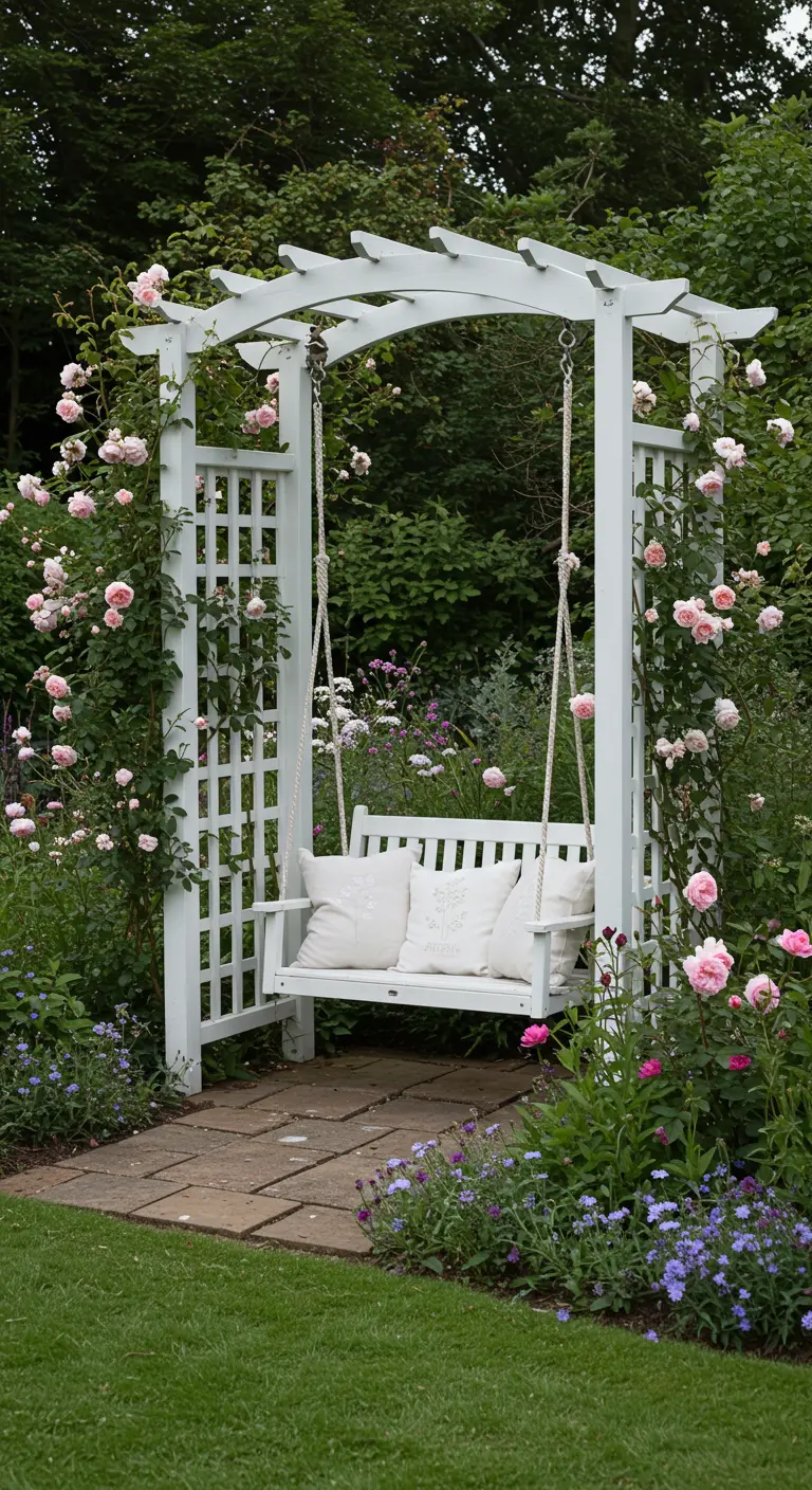 Witte houten pergola met schommelbank, omringd door roze klimrozen in een weelderige tuin.