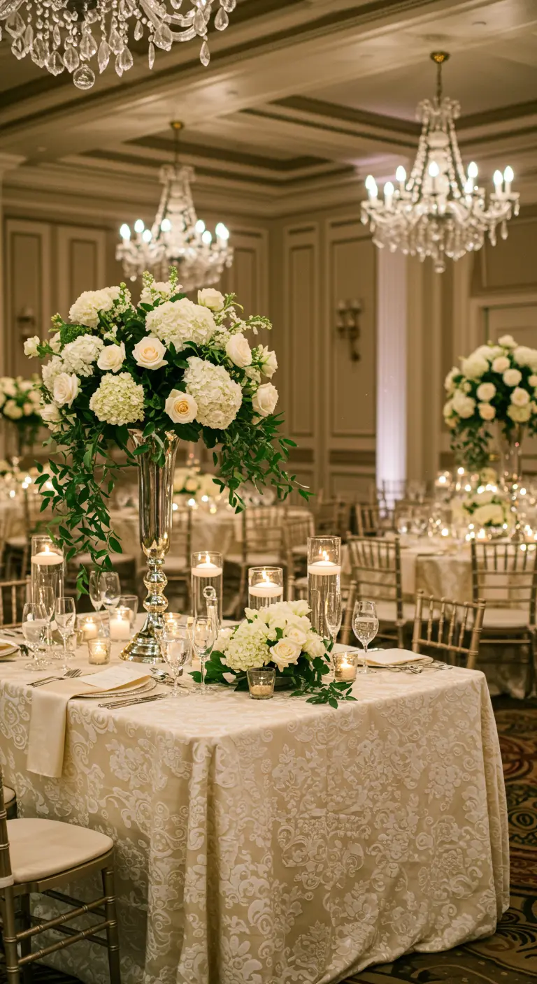 Ronde tafels met roze ruffle kleden, bloemen en theelichtjes in een binnenplaats.