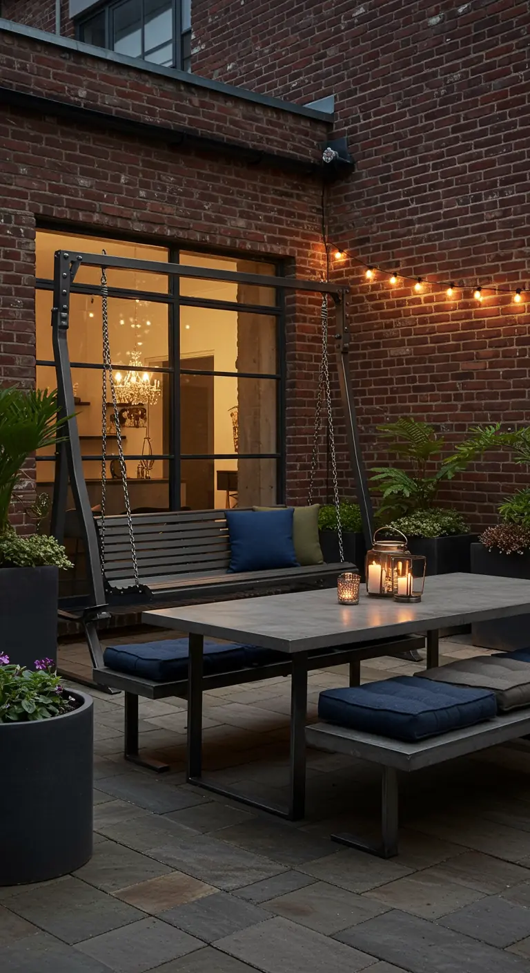 Industriële patio met metalen schommelbank, betonnen tafel, bakstenen muur en lichtslingers.