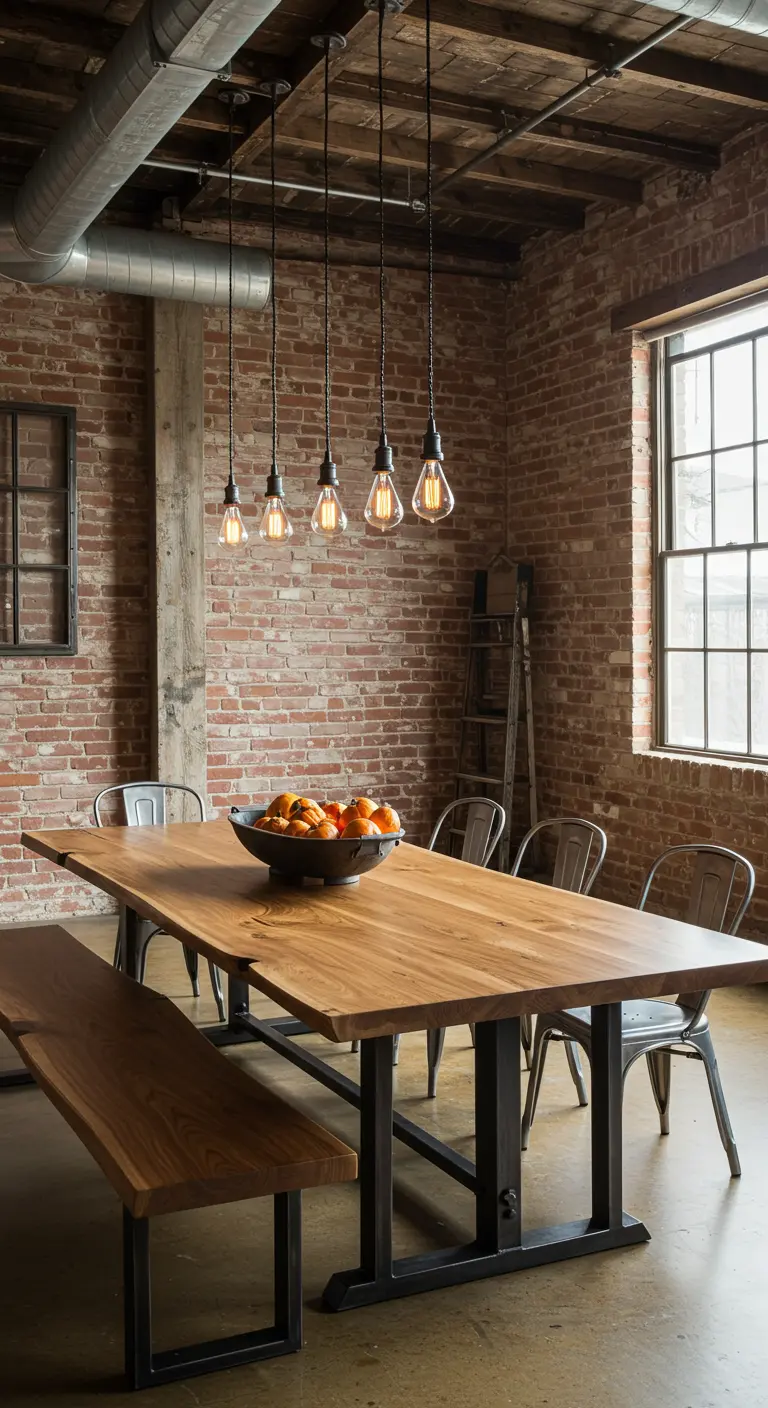 Industriële eetkamer met lange houten tafel, metalen bank, bakstenen muur en hanglampen.