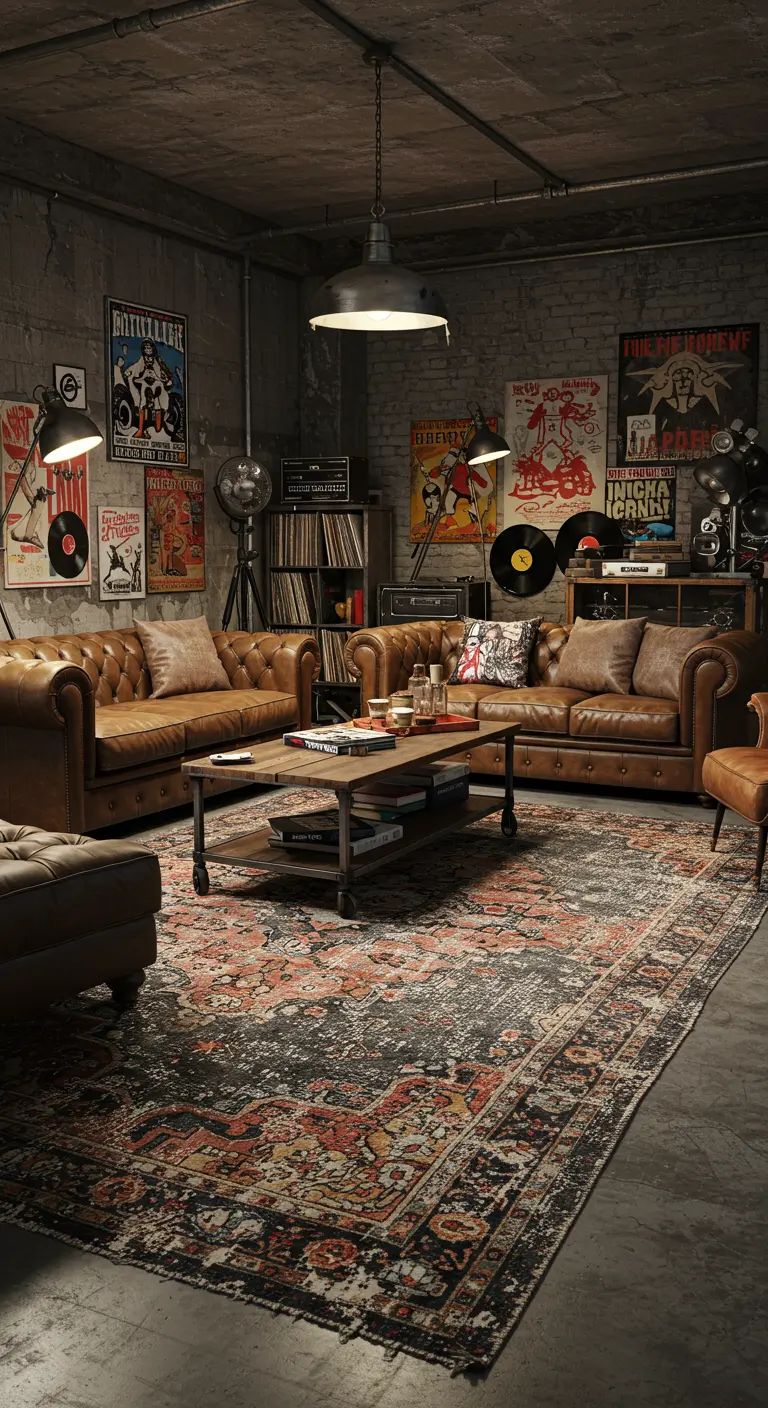 Industriële woonkamer met donker verweerd vintage tapijt, leren banken en betonnen muren.