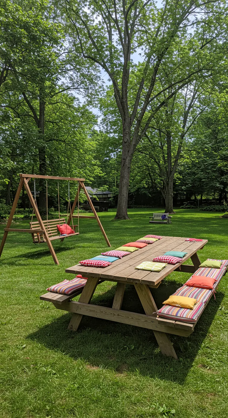 Grote tuin met houten picknicktafel, veel kussens en een houten schommelrek.