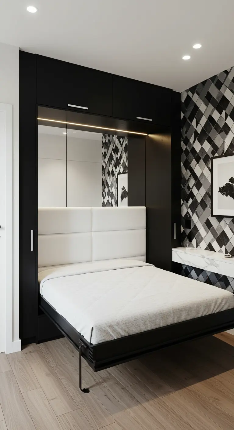 Slaapkamer met opklapbed, zwarte inbouwkasten en geometrisch zwart-wit behang.