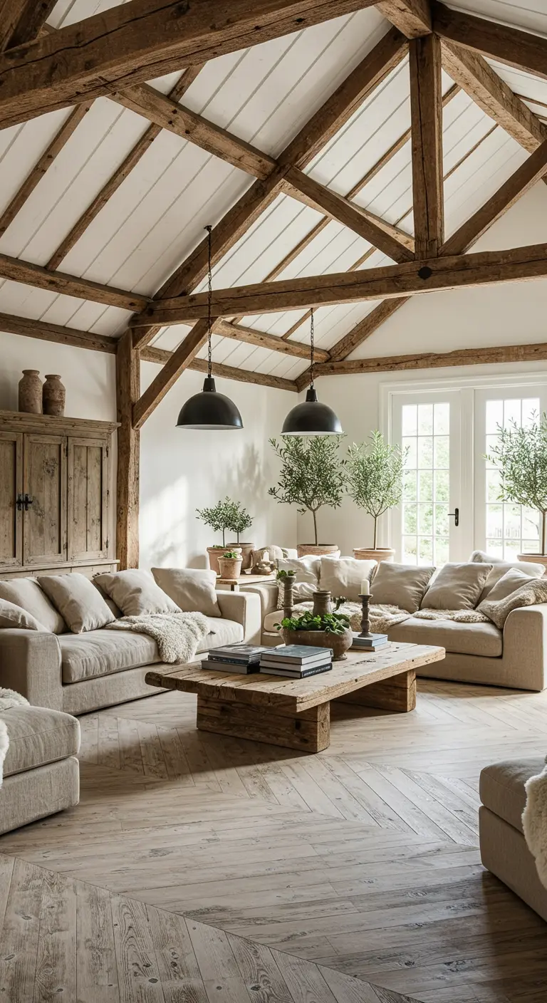 Woonkamer met hoge houten balken, lichte banken, olijfbomen en houten salontafel