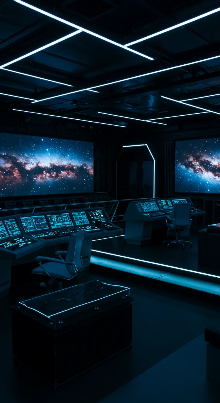 Futuristische controlekamer met blauwe LED-lijnen en ruimteschermen.