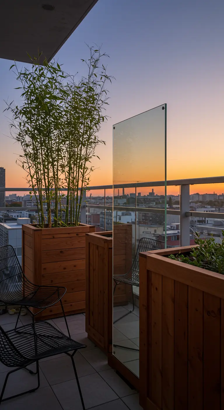 Houten plantenbak met bamboe en een grote spiegel die de zonsondergang op een balkon reflecteert.