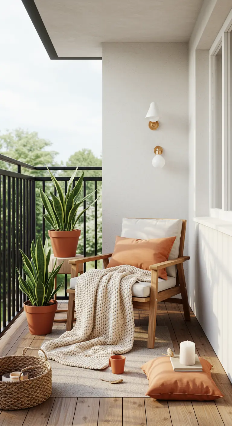 Minimalistisch balkon met houten stoel, gebreide deken en twee terracotta potten met slangenplanten.