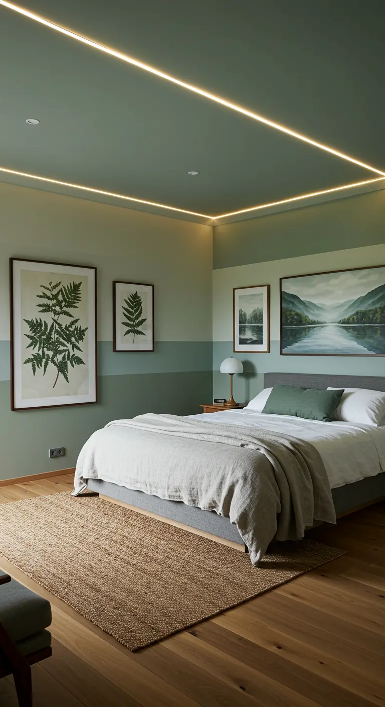 Rustgevende slaapkamer in twee tinten groen met botanische kunst en sfeervolle LED-plafondverlichting.