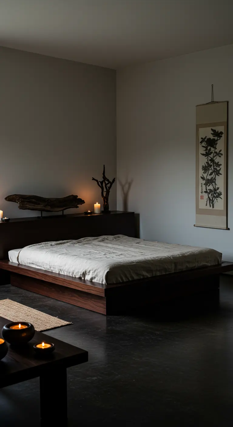 Japandi slaapkamer met donkerhouten bed, minimalistische kunst en kaarsen.