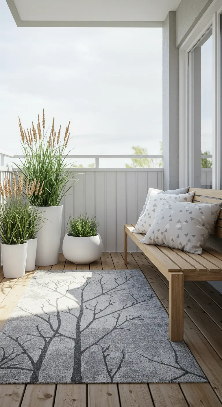 Scandinavisch balkon met houten bankje, grijs vloerkleed met bomenprint en witte plantenpotten.