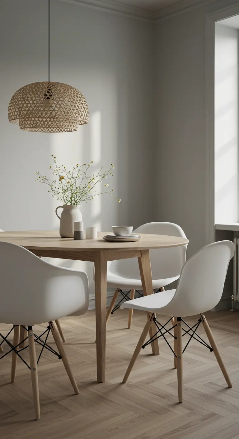 Scandinavische eetkamer met ronde lichte houten tafel, witte stoelen en rotan hanglamp.