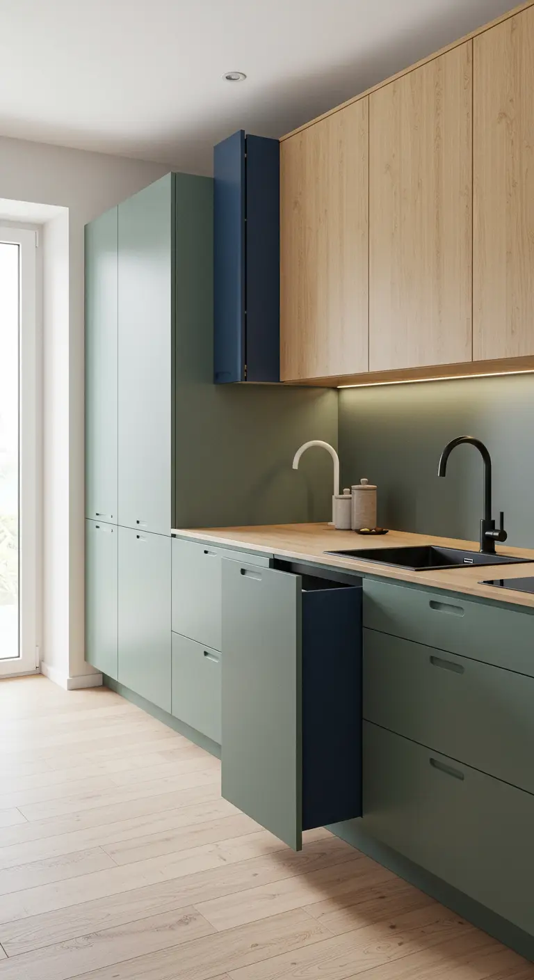 Minimalistische keuken met hout en saliegroene kasten, met een verticaal blauw accent.