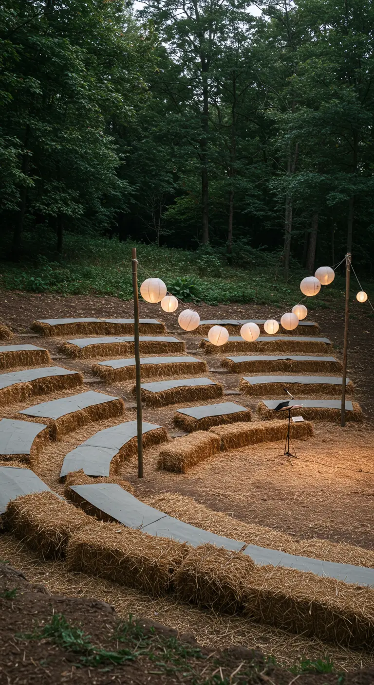 Amfitheater van hooibalen op een helling met lampionnen.