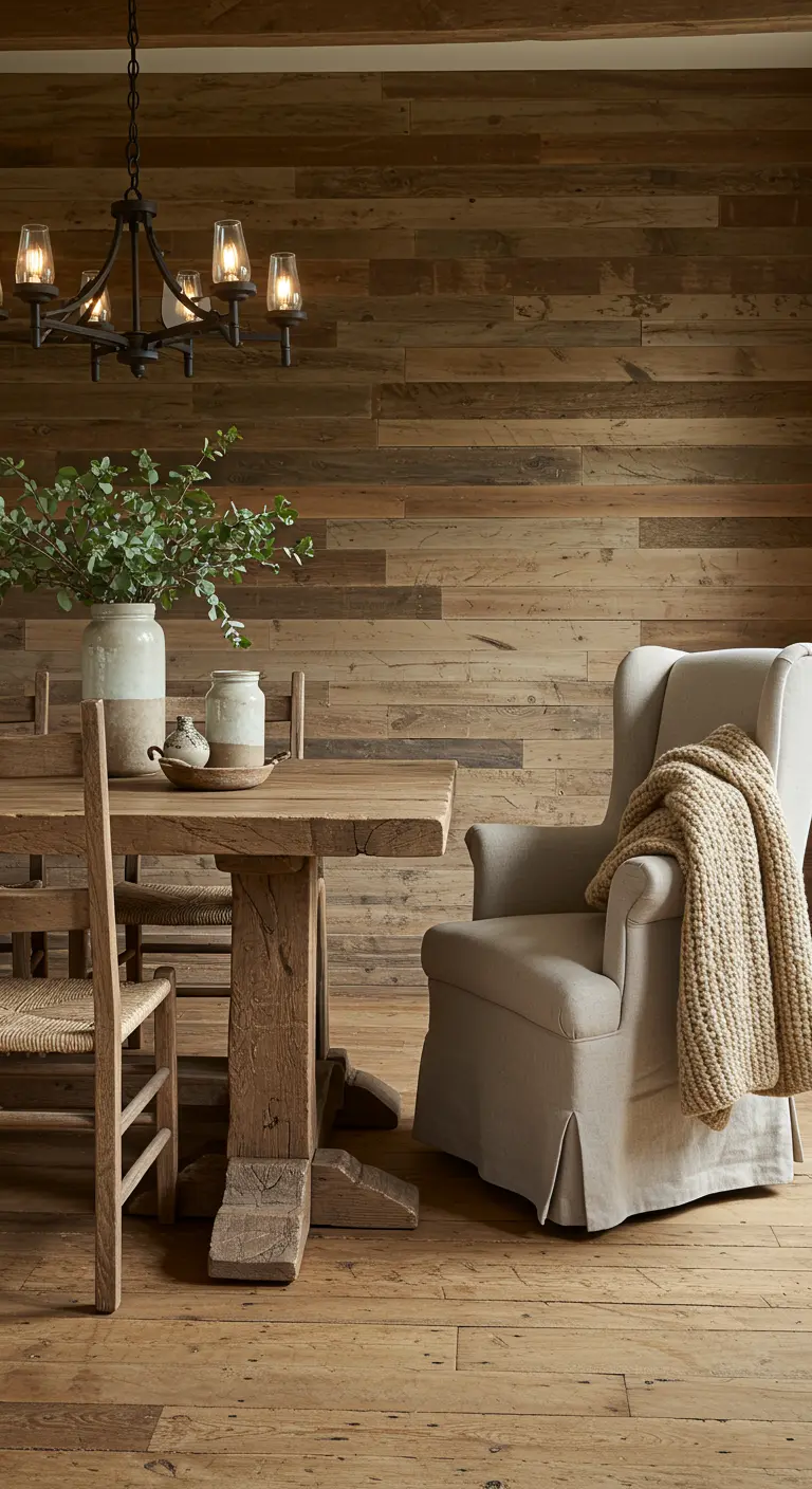 Rustieke eetkamer met houten plankenmuur, houten tafel, geweven stoelen en linnen fauteuil.