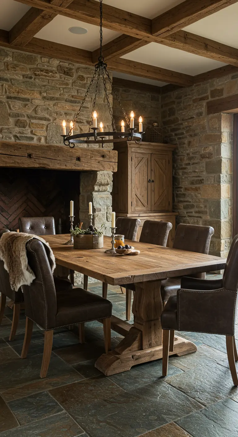 Rustieke eetkamer met stenen muur, houten balken, leren stoelen en bontplaid.