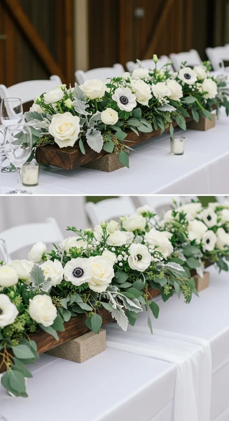 Langwerpig houten bloemstuk met witte rozen, anemonen en eucalyptus op een witte tafel.