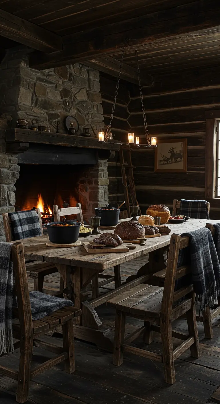 Rustieke eettafel met donker servies en plaids bij een stenen haard.