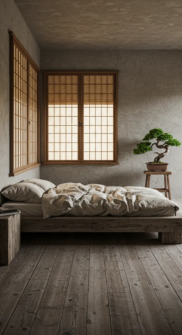 Rustieke slaapkamer met een bed van verweerd hout, linnen beddengoed en een bonsai op een krukje.