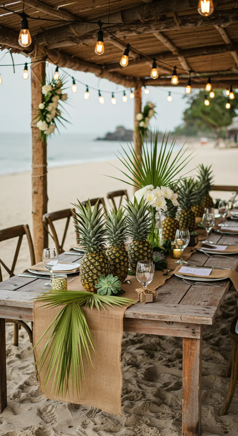 Houten tafel op het strand met een jute loper, ananassen en vetplanten.