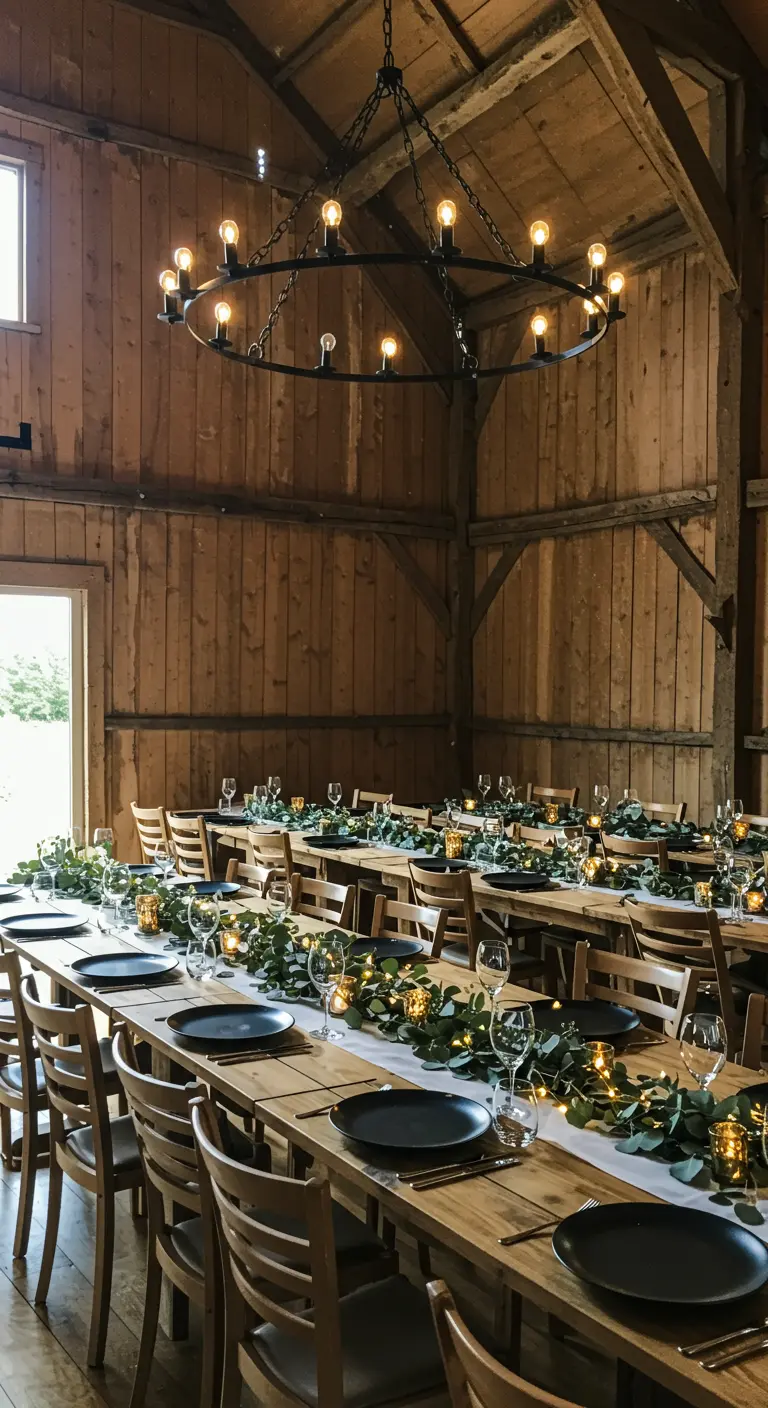 Lange houten tafels in een rustieke schuur, gedekt met moderne zwarte borden en eucalyptus.
