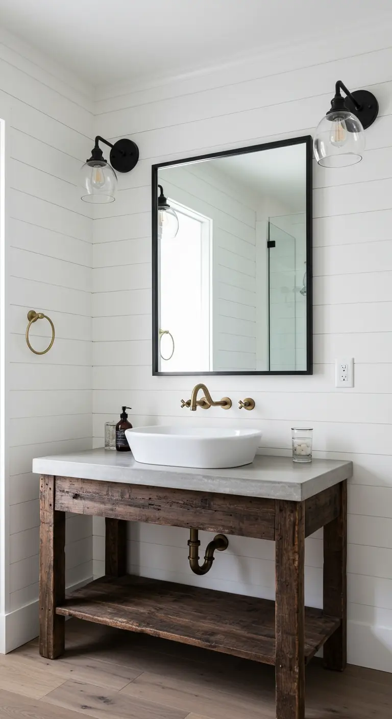 Landelijke badkamer met witte houten wanden, een rustiek houten meubel en gemixte metalen.