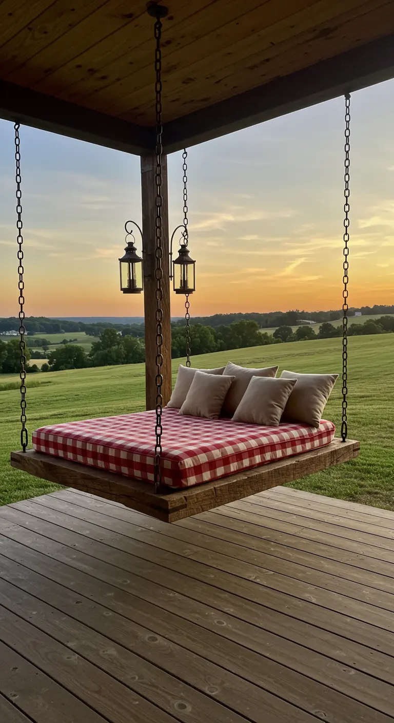 Robuust houten daybed met rood-wit geblokt matras, hangend aan kettingen op een veranda.
