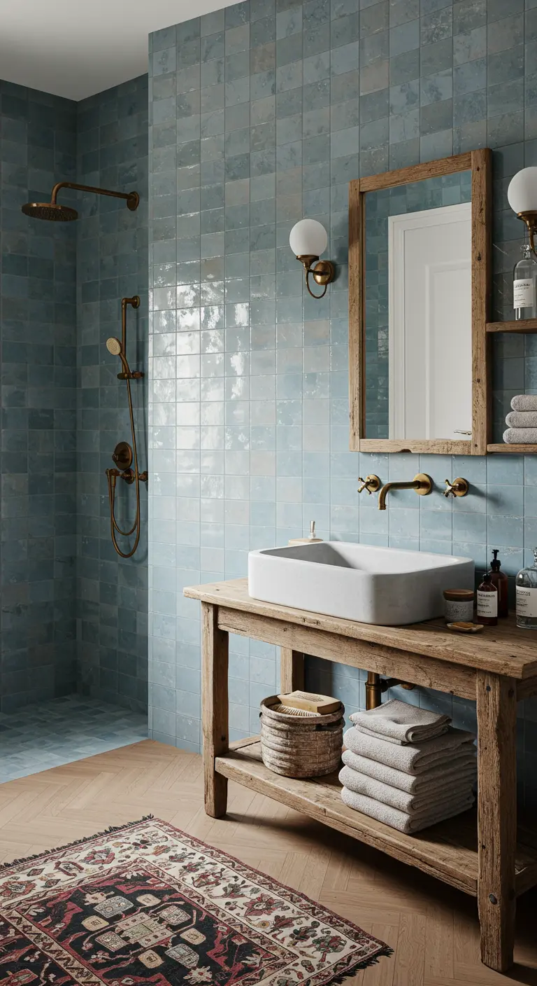 Landelijke badkamer met vergrijsd blauwe zelliges, een rustiek houten meubel en een Perzisch tapijt.