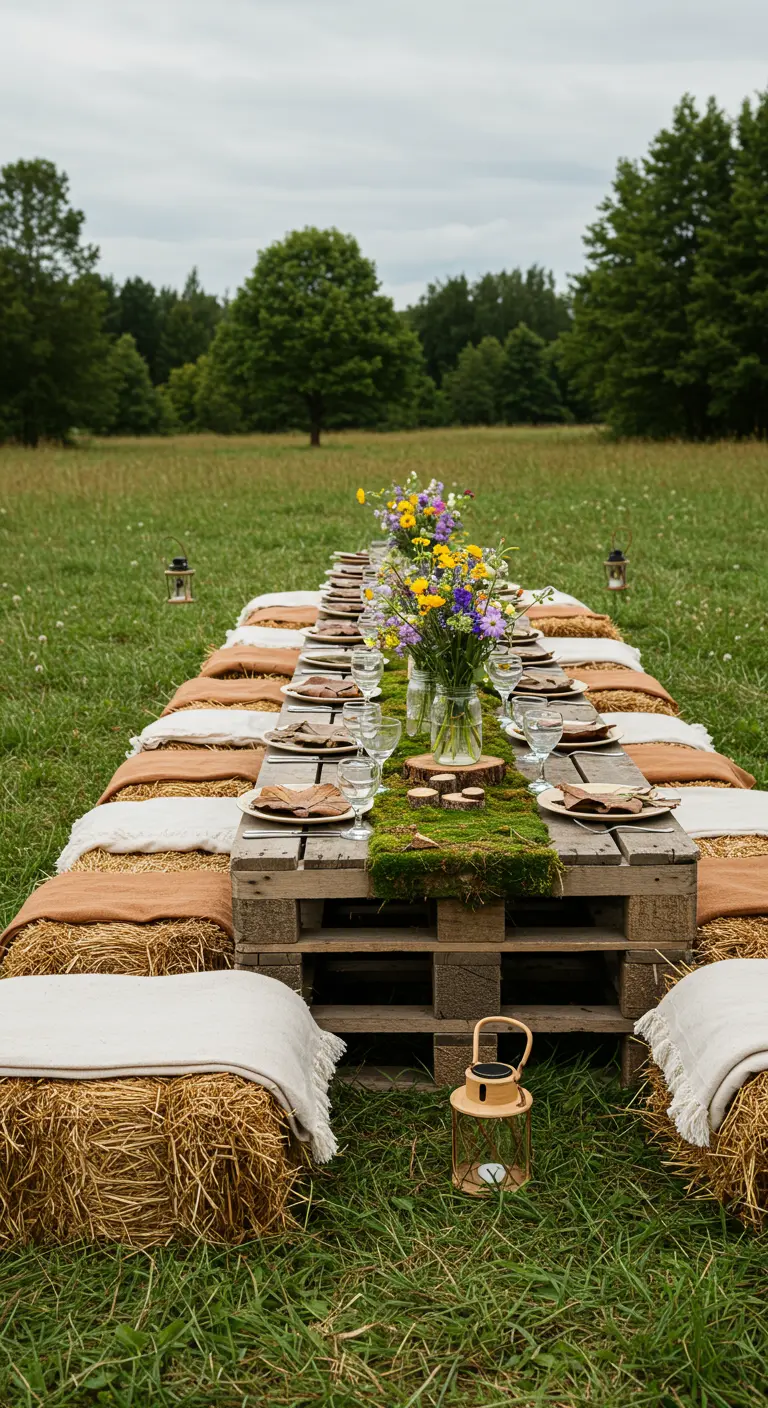 Lange tafel van pallets in een weiland, met hooibalen als zitplaatsen.