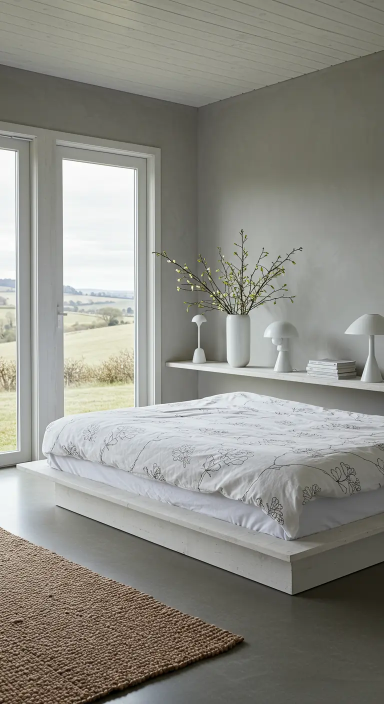 Minimalistische landelijke slaapkamer met wit platformbed, grijze muur en wit beddengoed.