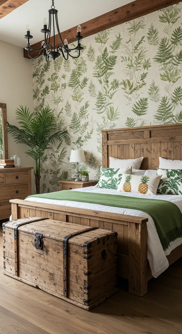 Landelijke slaapkamer met een robuust houten bed en groen varenbehang.