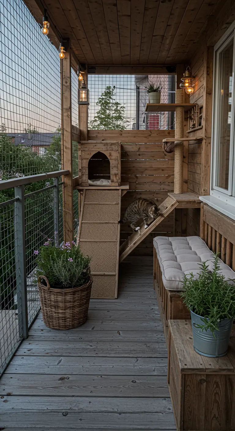 Houten 'catio' met ingebouwd huisje, loopplank en zachte loungebank.