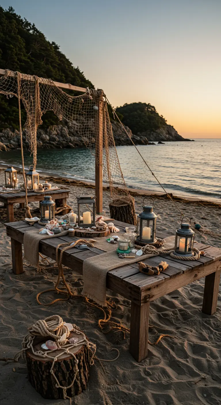 Stranddiner met houten tafels, lantaarns, schelpen en visnet bij zonsondergang.
